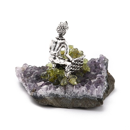 Natural Gemstone Cluster & Alloy Miner Model Ornament, for Desk Home Decoration