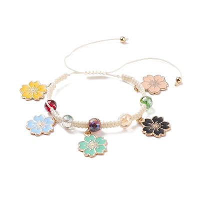 Round Glass Braided Bead Bracelet with Alloy Enamel Flower Charm for Women