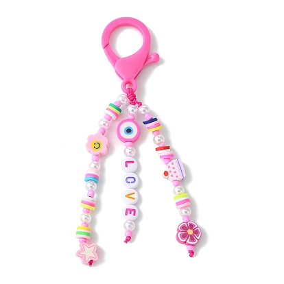 Plastic Lobster Claw Clasps Pendant Decorations, with Braded Nylon Thread, with Handmade Polymer Clay Beads, with Imitated Pearl Acrylic & Baking Paint Glass Seed Beads