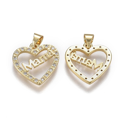 Brass Micro Pave Clear Cubic Zirconia Pendants, with Snap on Bails, for Mother's Day, Long-Lasting Plated, Heart with Word Mama