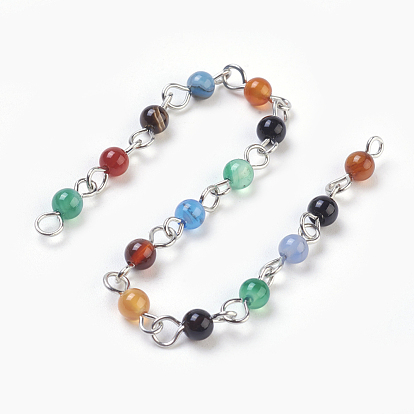 Handmade Natural Agate Beaded Chains, Unwelded, with Iron Eye Pin, Round