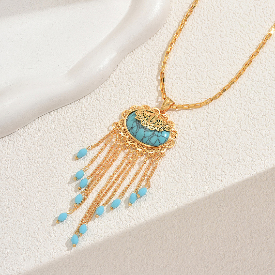Богемская латунь паве синтетическая бирюза овальные с цепочкой кисточкой подвески ожерелья для женщин