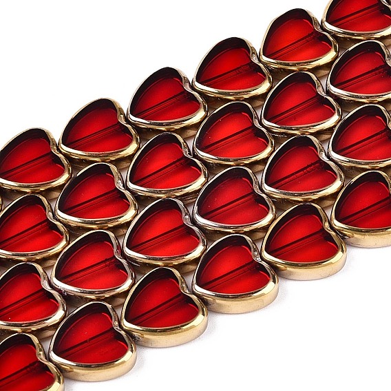 Стеклянные бусины с гальваническим покрытием , сердце, с золотым оттенком латуни