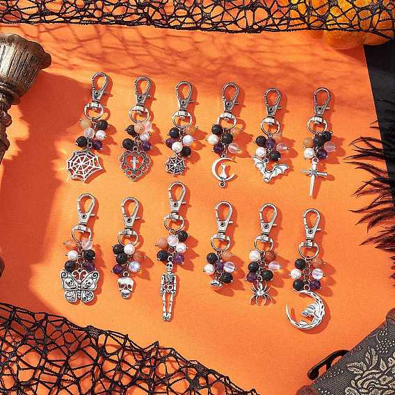 Украшения из тибетского сплава на хэллоуин, с натуральным красным авантюрином, аметистом, лавовым камнем, синтетическим лунным камнем и поворотными застежками-лобстерами