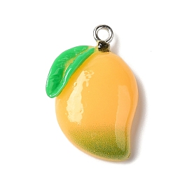 Opaque Resin Fruit Pendants, Mango Charms with Platinum Tone Iron Loops