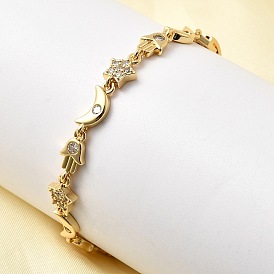 Браслеты-цепочки с луной, звездой и хамсой из латуни с микропаве из прозрачных кубических цирконий, без кадмия и без свинца, стойки покрытие, долговечный