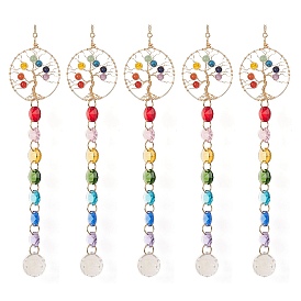 Décorations pendentif en perles de verre octogone chakra, attrape-soleil, fabricant d'arc-en-ciel, avec la pierre gemme, pendentifs en verre transparent à facettes, plat et circulaire avec arbre de vie