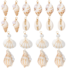 20 шт. 5 стили подвесок из натуральных ракушек, подвески в форме ракушек из медной проволоки со стеклянными жемчужинами, золотые