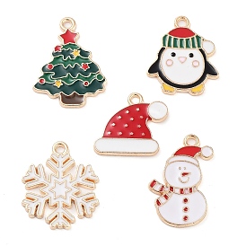 Christmas Theme Barrel Plating Alloy Enamel Pendants, Cadmium Free & Lead Free, Light Gold, Hat/Snowflake/Tree/Penguin/Snowman