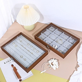 Caja de almacenamiento de joyas de bambú y terciopelo, cajas de presentación rectangulares