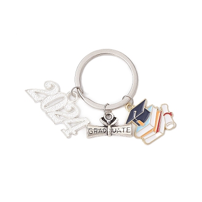 Alloy Enamel Keychains, with Tibetan Style Alloy Pendants and Iron Split Key Rings, 2024 Charm, Mixed Shapes