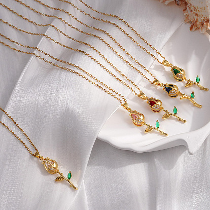 Подвеска в виде тюльпана из латуни с инкрустацией кубическим цирконием 304 цепочка из нержавеющей стали для женщин, золотые