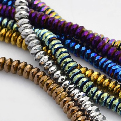 Electroplate Non-magnetic Synthetic Hematite Beads Strands, Faceted Rondelle, 6x3mm, Hole: 1mm, about 140pcs/strand, 15.7 inch