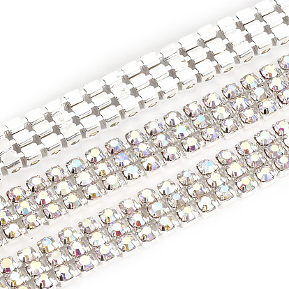 Brass Rhinestone Strass Chains, with Spool, Three Rows Rhinestone Cup Chains, Silver