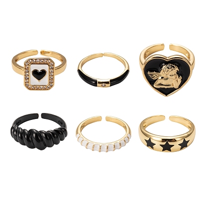 6Pcs 6 Style Golden Brass Cuff Rings, Open Rings, Star & Textured & Heart & Rectangle & Bamboo Joint, White