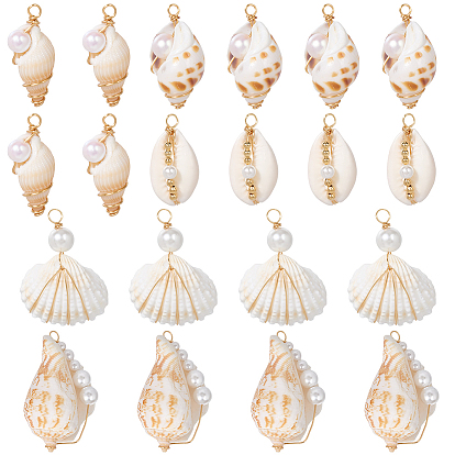 20 шт. 5 стили подвесок из натуральных ракушек, подвески в форме ракушек из медной проволоки со стеклянными жемчужинами, золотые