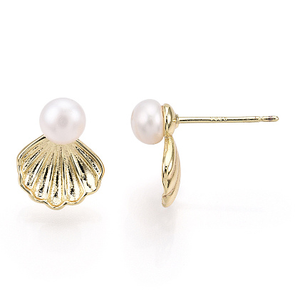 Brass Shell Shape & Natural Pearl Stud Earrings, with 925 Sterling Silver Pins