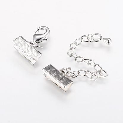 Long-Lasting Plated Brass Chain Extender, with Cord Ends and Lobster Claw Clasps, Real Platinum Plated