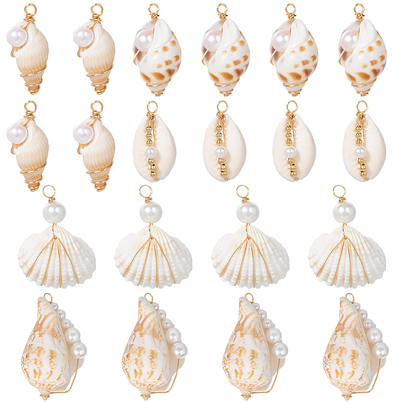 20 шт. 5 стили подвесок из натуральных ракушек, подвески в форме ракушек из медной проволоки со стеклянными жемчужинами, золотые