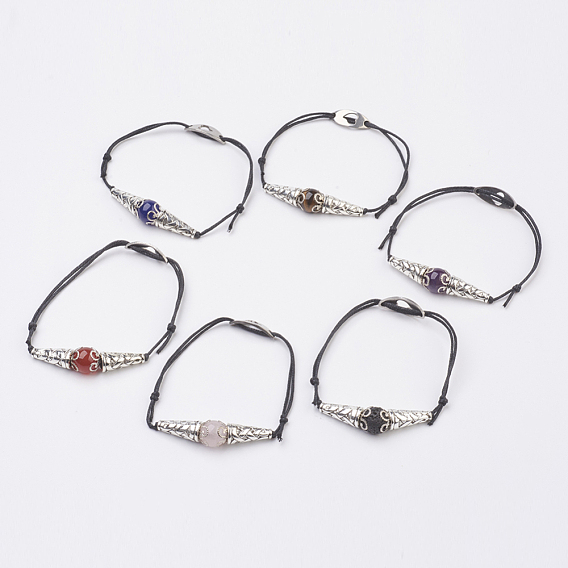 Verstellbare natürliche Edelstein Schnur Perlen Armbänder, mit gewachster Baumwollkordel, 304 Edelstahl Links, Mütze im tibetischen Stil und Kappe aus Eisen