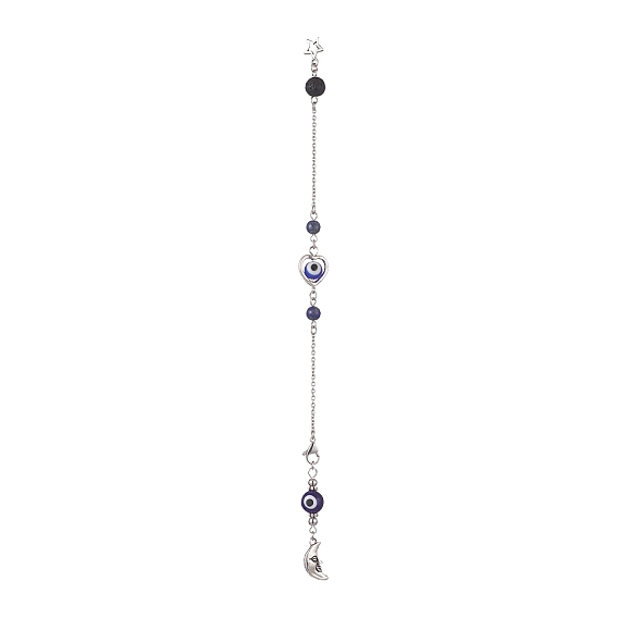 Evil Eye Lampwork Pointed Dowsing Pendulums, with 304 Stainless Steel Cable Chains, Natural Lava Rock & Lapis Lazuli, Alloy Moon