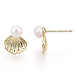 Brass Shell Shape & Natural Pearl Stud Earrings, with 925 Sterling Silver Pins