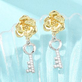 Brass Stud Dangle Earrings, Flowers & Keys, with ABS Plastic Imitation Pearl, Lead Free & Cadmium Free, Long-Lasting Plated, Rack Plating