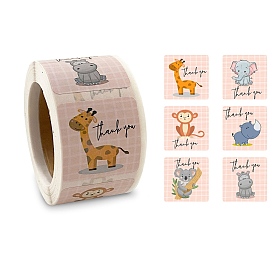 6 Style Thank You Stickers Roll, Square Paper Animal Pattern Adhesive Labels, Decorative Sealing Stickers for Christmas Gifts, Wedding, Party