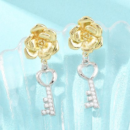 Brass Stud Dangle Earrings, Flowers & Keys, with ABS Plastic Imitation Pearl, Lead Free & Cadmium Free, Long-Lasting Plated, Rack Plating