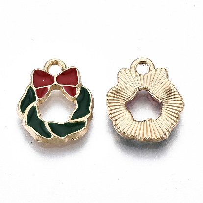 Eco-Friendly Alloy Enamel Pendants, Cadmium Free & Lead Free & Nickel Free, for Christmas, Christmas Wreath with Bowknot, Light Gold