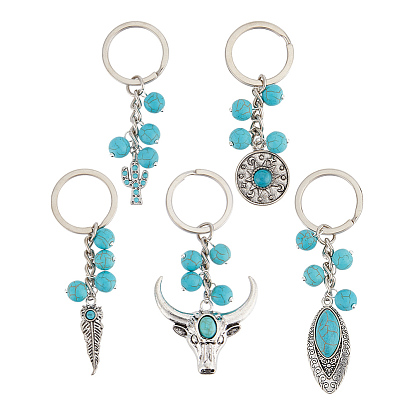 15шт 5 стили железные и сплавные брелки, с синтетическими бирюзовый, крупный рогатый скот, перо, кактус
