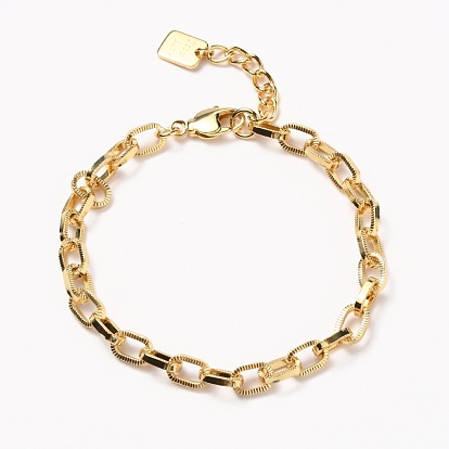 Brass Cable Chain Bracelets, with Lobster Claw Clasps, Long-Lasting Plated, Word Good Luck, Textured