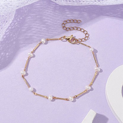 Natural Cultured Freshwater Pearl Beaded Bracelets, Brass Bar Link Bracelets for Women