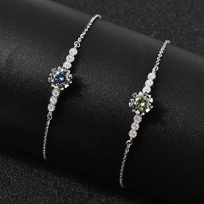 925 ссылка стерлингового серебра браслеты, браслеты-цепочки для женщин, плоско-круглые, с муассанитовым стразом