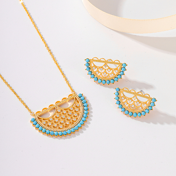 Комплекты серег-гвоздиков и ожерелий с подвесками из лунной латуни с микропаве из кубического циркония, синтетические бирюзовые комплектов ювелирных изделий