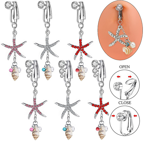 304 Кольца для пупка в виде морской звезды с подвеской из нержавеющей стали, кубическим цирконием, пластиковым жемчугом и натуральными ракушками, цвет нержавеющей стали