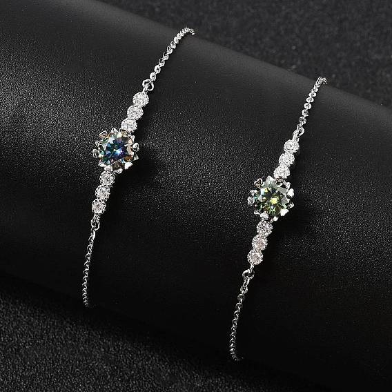 925 ссылка стерлингового серебра браслеты, браслеты-цепочки для женщин, плоско-круглые, с муассанитовым стразом