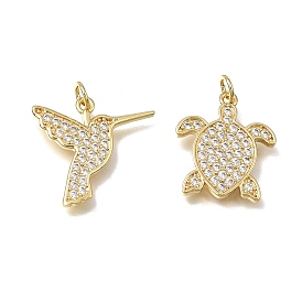 Brass Micro Pave Clear Cubic Zirconia Pendants, Turtle/Hummingbird Charms, Rack Plating, Long-Lasting Plated, Cadmium Free & Lead Free
