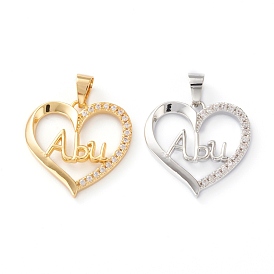Brass Micro Pave Clear Cubic Zirconia Pendants, Long-Lasting Plated, Heart with Word Abu