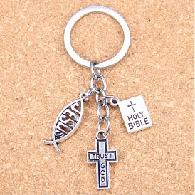 Religion Theme Zinc Alloy Keychain, Cross with Fish and Book