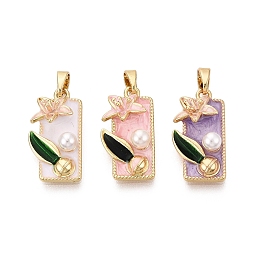 Латунь эмаль подвески, подвески-прямоугольники и цветы, с ABS имитации жемчуга, реальный 18 k позолоченный