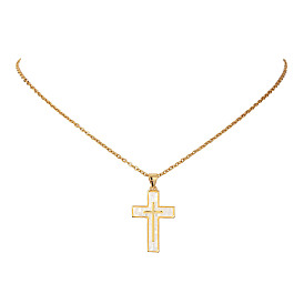 Natural Shell Cross Pendant Necklace with 304 Stainless Steel Chains