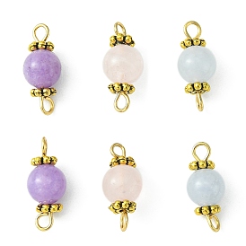 Natural Mixed Gemstone Connector Charms, Round Links with Antique Golden Tone Alloy Daisy Spacer Beads and 304 Stainless Steel Double Loops