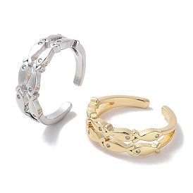 Brass Micro Pave Cubic Zirconia Cuff Rings, Long-Lasting Plated, Fish