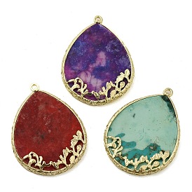 Natural Gemstone Dyed Pendants, Teardrop Charms with Rack Plating Golden Plated Brass Findings