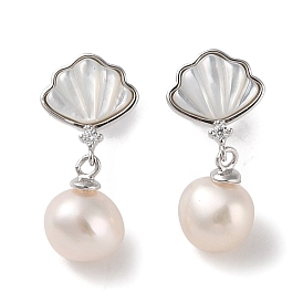 Sterling Silver Stud Earrings, with Natural Pearl and Cubic Zirconia, Shell Shape