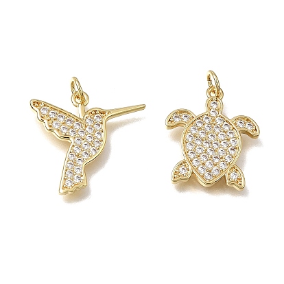 Brass Micro Pave Clear Cubic Zirconia Pendants, Turtle/Hummingbird Charms, Rack Plating, Long-Lasting Plated, Cadmium Free & Lead Free