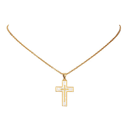 Natural Shell Cross Pendant Necklace with 304 Stainless Steel Chains