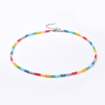 Joyas chakra, collares con cuentas de cristal rondelle facetado, con bolas de latón engarce, extensor de cadena de eslabones de corazón de acero inoxidable y cierres de garra de langosta
