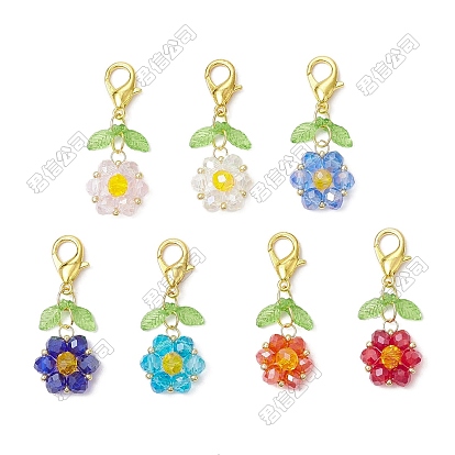 28pcs 7 couleurs pendentifs en verre décorations, avec breloques en acrylique et fermoirs mousquetons en alliage, fleurs et feuilles